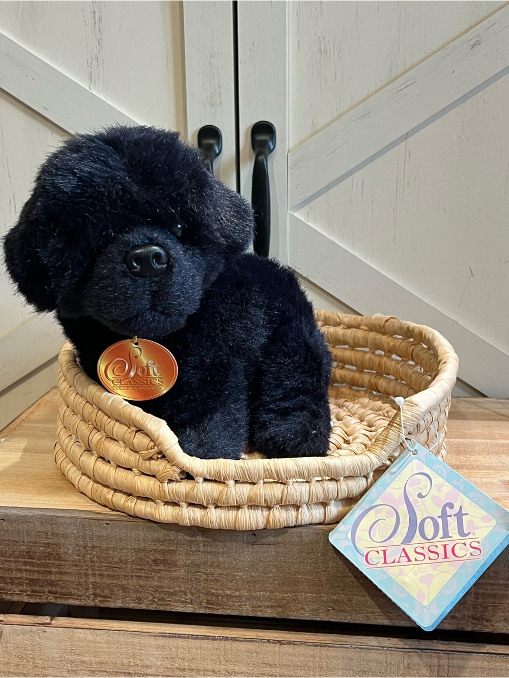 Vintage Dakin "Soft Classics" plush black Newfoundland Puppy In Woven Basket Bed
